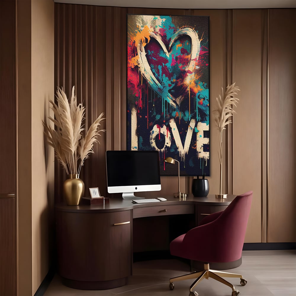 Tablou canvas cu tablou canvas cu inima graffiti si cuvantul love, in rama de aluminiu negru, pe perete intr-un birou